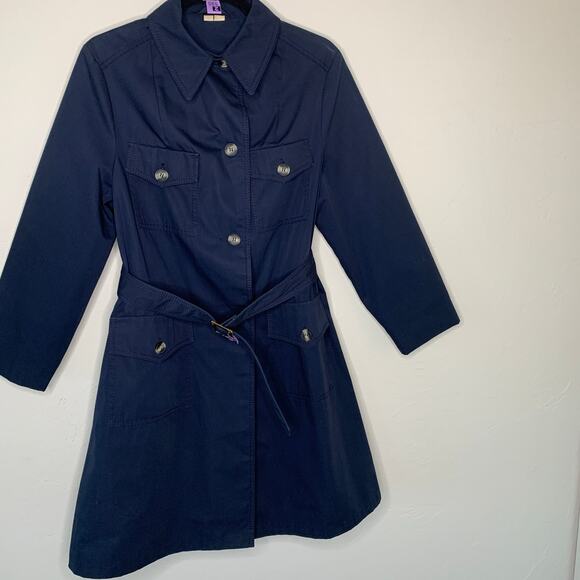 Navy Blue Vintage 70s 80s Trench Coat Horn Button Style Belted Classic Medium - Picture 5 of 15